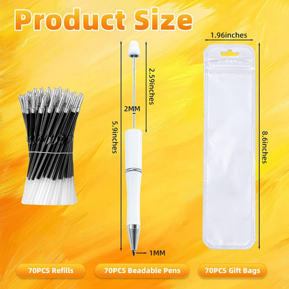 210 Pieces DIY Beadable Pen Bulk Kit – 70PCS Ballpoint Pen with Refills & Bags – Perfect for Beads Pens Supplies, Beaded Pens for DIY Crafting – Office Supplies & Teacher Accessories (Yellow)