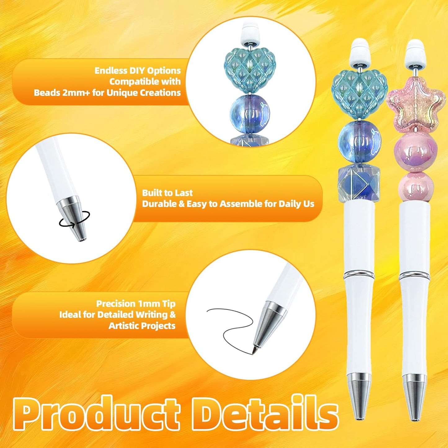 210 Pieces DIY Beadable Pen Bulk Kit – 70PCS Ballpoint Pen with Refills & Bags – Perfect for Beads Pens Supplies, Beaded Pens for DIY Crafting – Office Supplies & Teacher Accessories (Yellow)