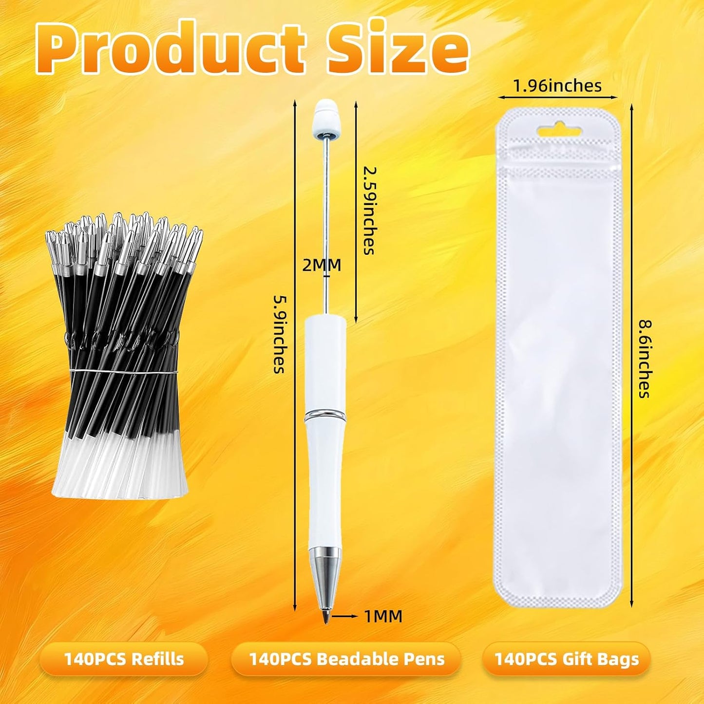 210 Pieces DIY Beadable Pen Bulk Kit – 70PCS Ballpoint Pen with Refills & Bags – Perfect for Beads Pens Supplies, Beaded Pens for DIY Crafting – Office Supplies & Teacher Accessories (Yellow)