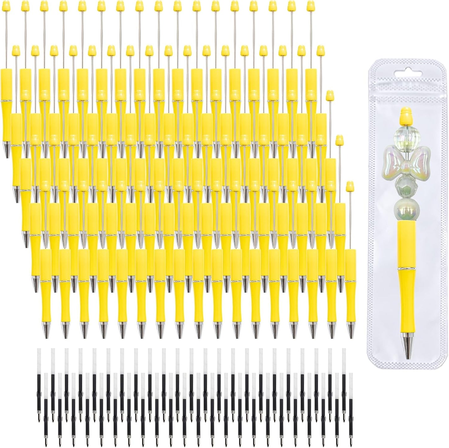 210 Pieces DIY Beadable Pen Bulk Kit – 70PCS Ballpoint Pen with Refills & Bags – Perfect for Beads Pens Supplies, Beaded Pens for DIY Crafting – Office Supplies & Teacher Accessories (Yellow)