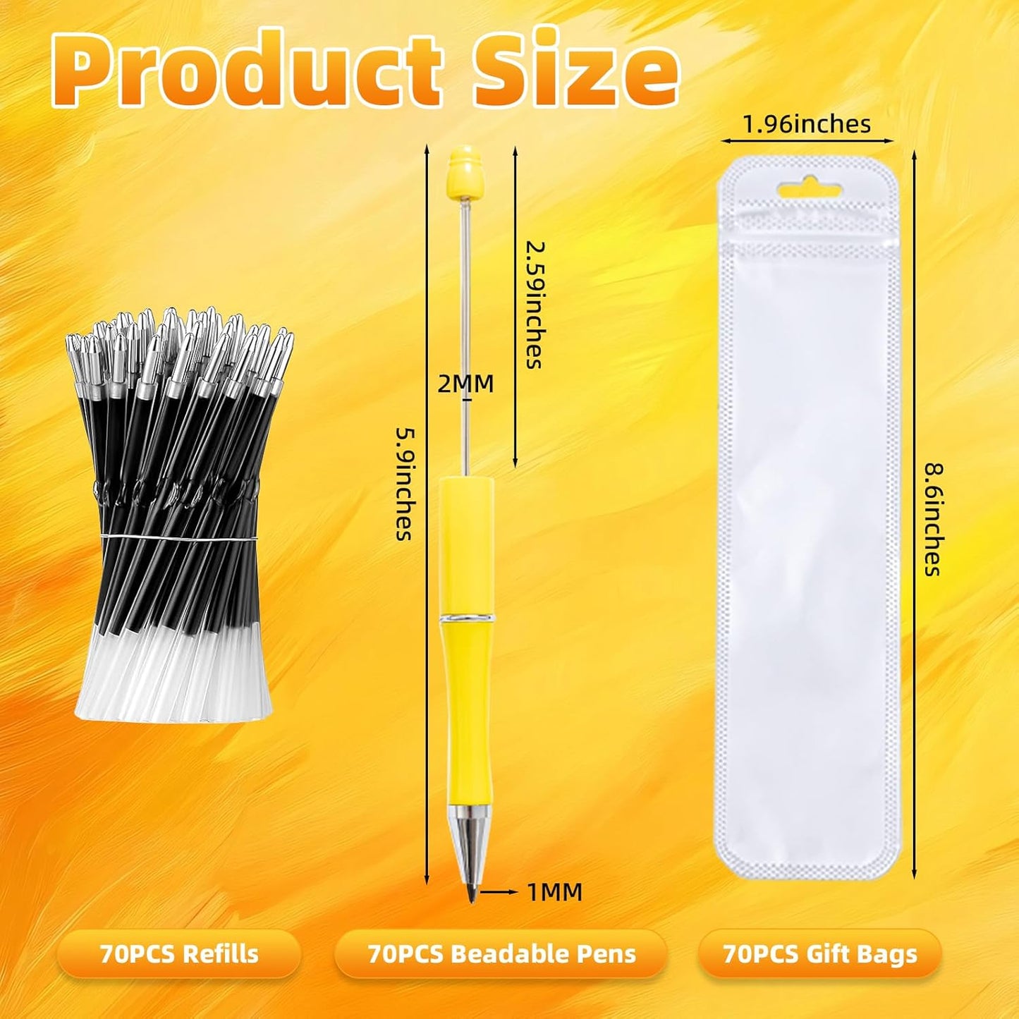 210 Pieces DIY Beadable Pen Bulk Kit – 70PCS Ballpoint Pen with Refills & Bags – Perfect for Beads Pens Supplies, Beaded Pens for DIY Crafting – Office Supplies & Teacher Accessories (Yellow)