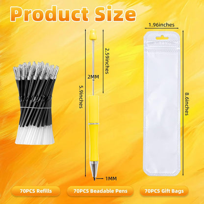 210 Pieces DIY Beadable Pen Bulk Kit – 70PCS Ballpoint Pen with Refills & Bags – Perfect for Beads Pens Supplies, Beaded Pens for DIY Crafting – Office Supplies & Teacher Accessories (Yellow)