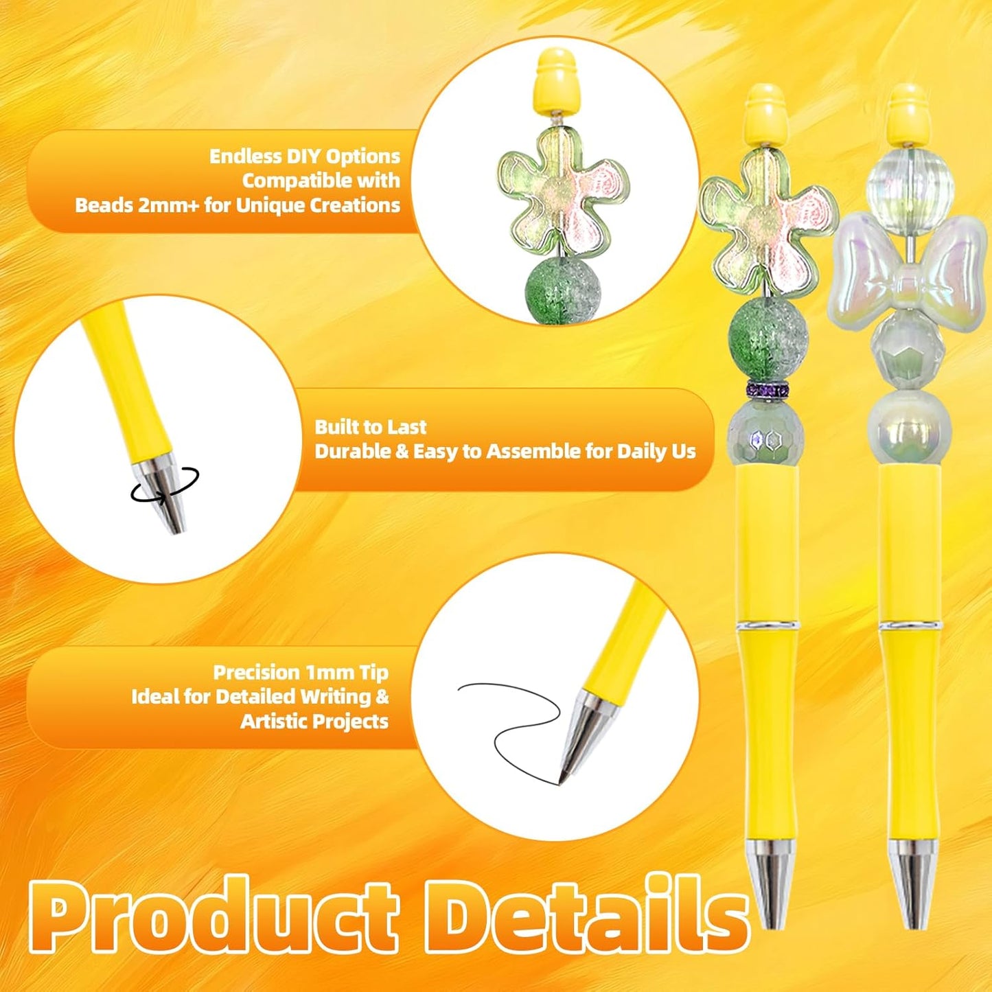 210 Pieces DIY Beadable Pen Bulk Kit – 70PCS Ballpoint Pen with Refills & Bags – Perfect for Beads Pens Supplies, Beaded Pens for DIY Crafting – Office Supplies & Teacher Accessories (Yellow)