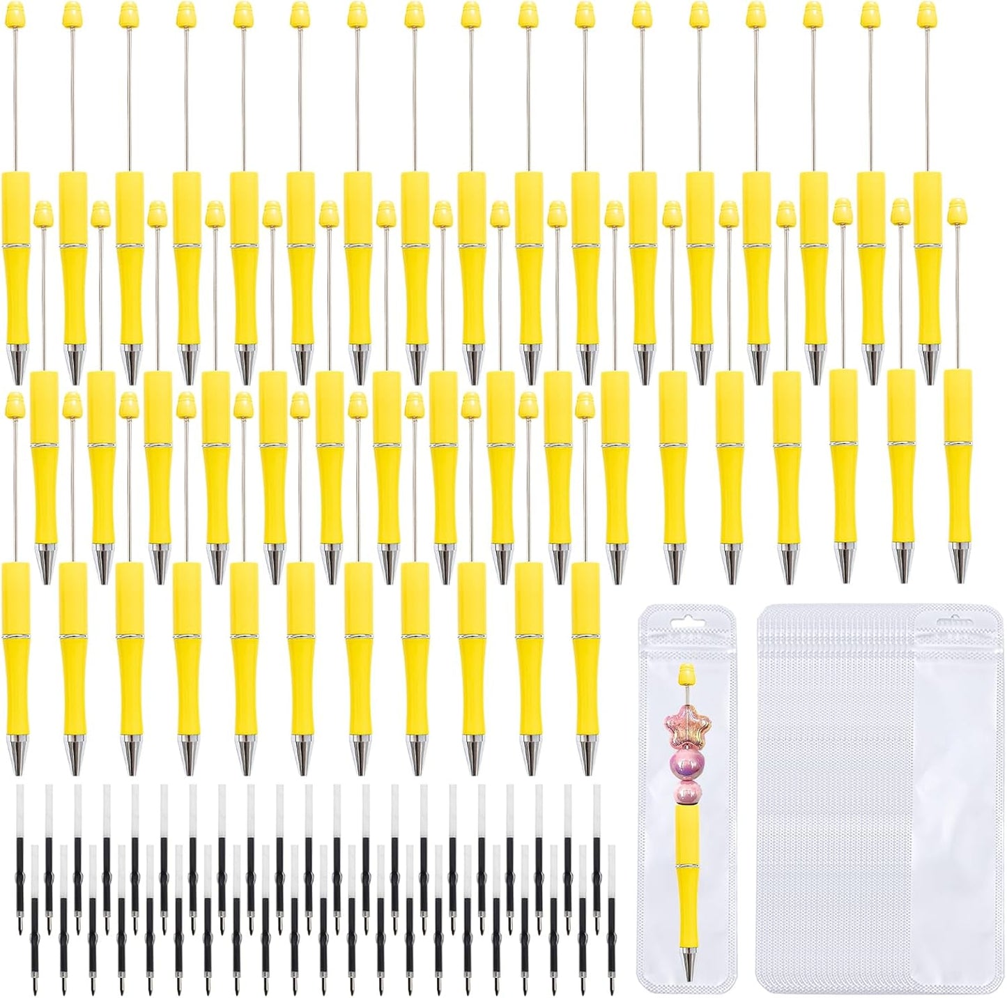 108 Pieces DIY Beadable Pen Bulk Kit – 36PCS Ballpoint Pens with Refills & Bags – Beaded Pens for DIY Crafting – Beads Pens Supplies, Pen Making Kit, Beadable Items, Teacher Accessories (Yellow)