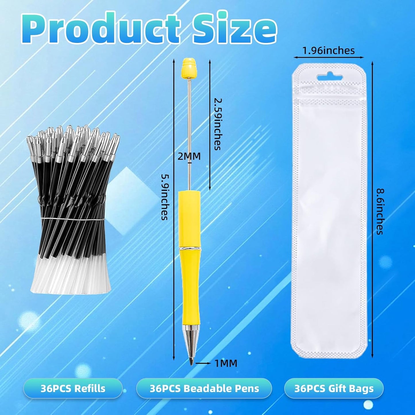 108 Pieces DIY Beadable Pen Bulk Kit – 36PCS Ballpoint Pens with Refills & Bags – Beaded Pens for DIY Crafting – Beads Pens Supplies, Pen Making Kit, Beadable Items, Teacher Accessories (Yellow)