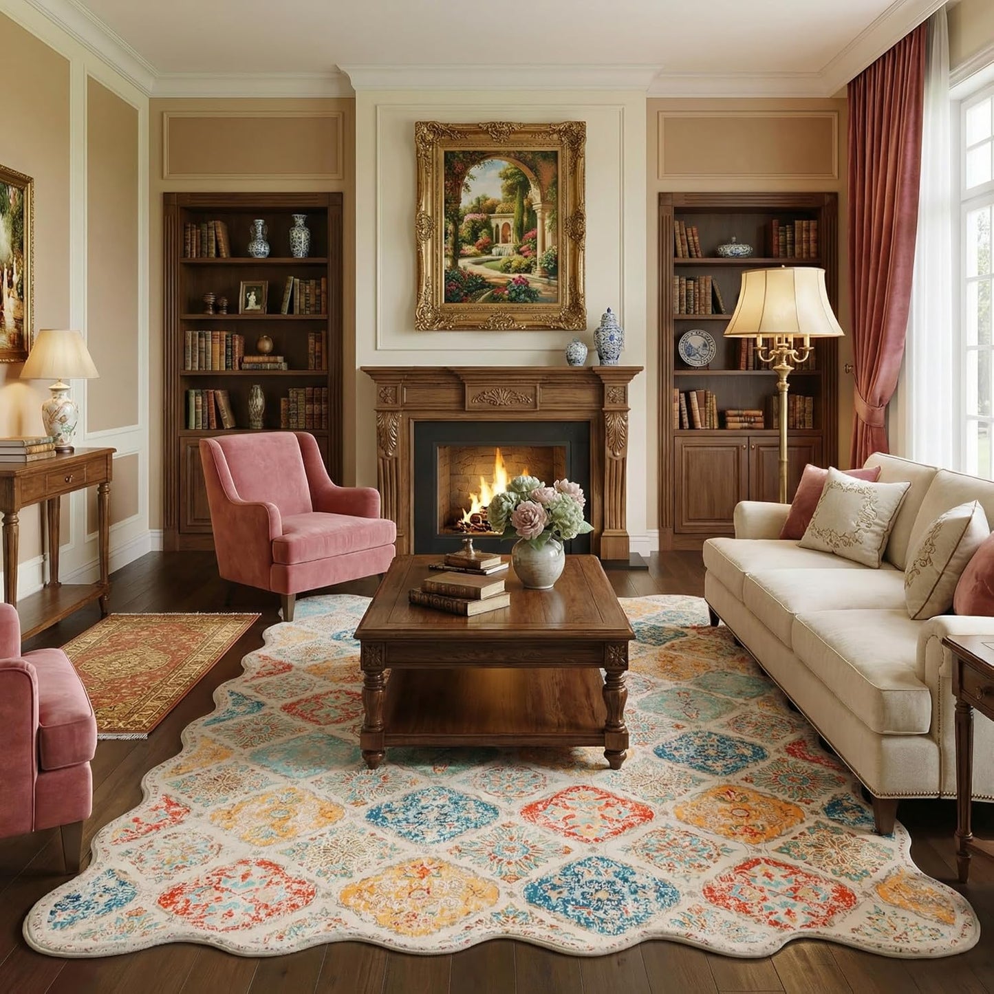 Moroccan 5x7 Area Rug, Unique Scalloped Ultra-Thin Soft Washable Rug, Non-Slip Stain Resistant Lightweight Low-Pile Carpet for Living Room Bedroom Dining Room Office (Yellow Grey)