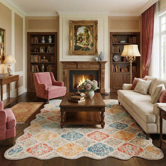 Moroccan 5x7 Area Rug, Unique Scalloped Ultra-Thin Soft Washable Rug, Non-Slip Stain Resistant Lightweight Low-Pile Carpet for Living Room Bedroom Dining Room Office (Yellow Grey)