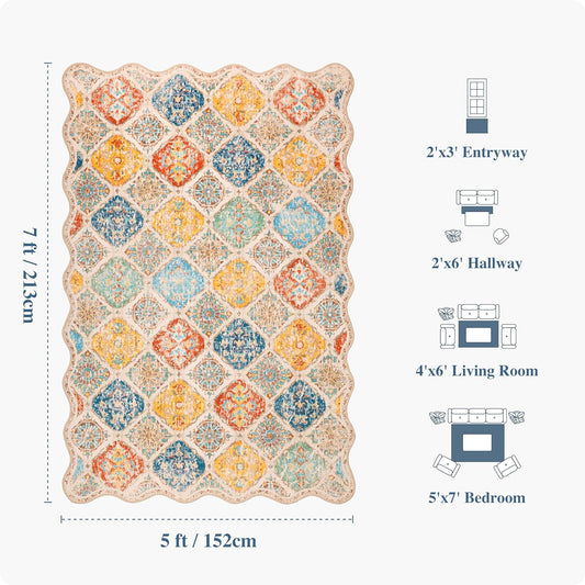 Moroccan 5x7 Area Rug, Unique Scalloped Ultra-Thin Soft Washable Rug, Non-Slip Stain Resistant Lightweight Low-Pile Carpet for Living Room Bedroom Dining Room Office (Yellow Grey)