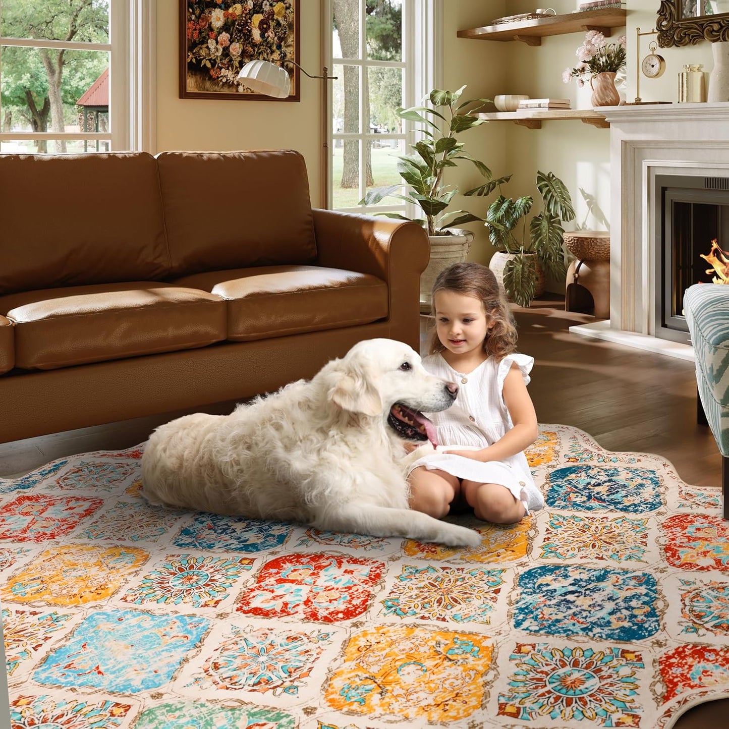 Moroccan 5x7 Area Rug, Unique Scalloped Ultra-Thin Soft Washable Rug, Non-Slip Stain Resistant Lightweight Low-Pile Carpet for Living Room Bedroom Dining Room Office (Yellow Grey)