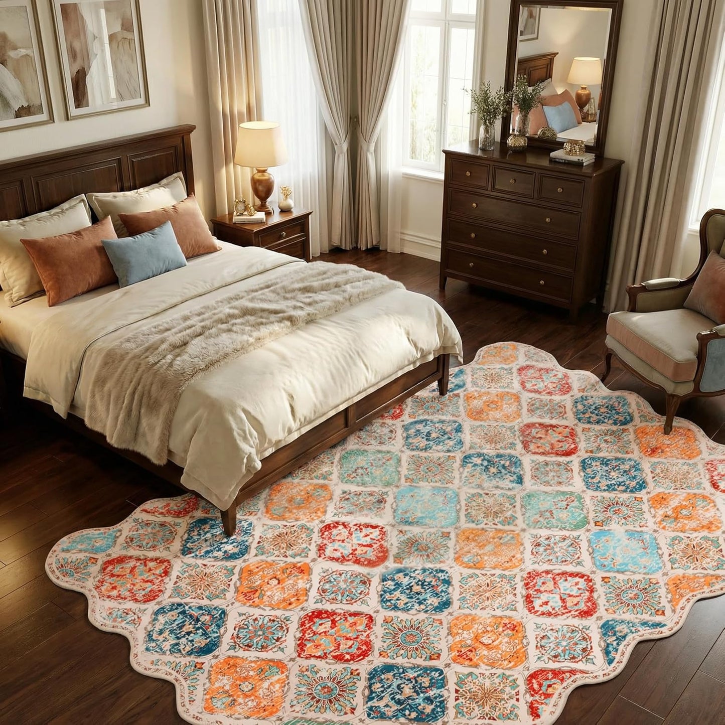 Moroccan 5x7 Area Rug, Unique Scalloped Ultra-Thin Soft Washable Rug, Non-Slip Stain Resistant Lightweight Low-Pile Carpet for Living Room Bedroom Dining Room Office (Yellow Grey)