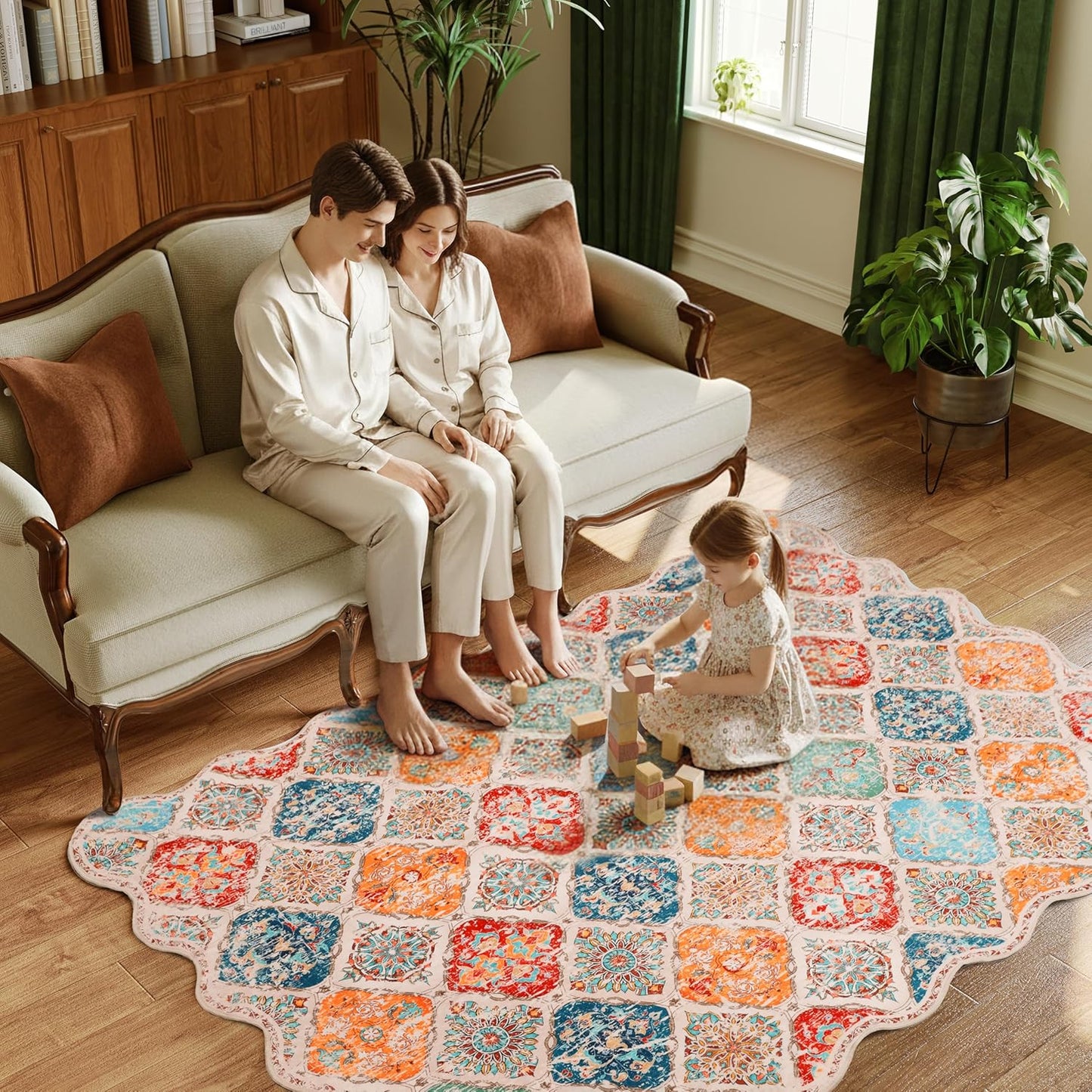 Moroccan 5x7 Area Rug, Unique Scalloped Ultra-Thin Soft Washable Rug, Non-Slip Stain Resistant Lightweight Low-Pile Carpet for Living Room Bedroom Dining Room Office (Yellow Grey)
