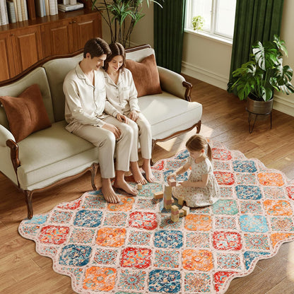 Moroccan 5x7 Area Rug, Unique Scalloped Ultra-Thin Soft Washable Rug, Non-Slip Stain Resistant Lightweight Low-Pile Carpet for Living Room Bedroom Dining Room Office (Yellow Grey)
