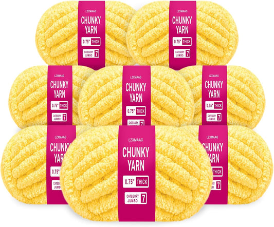 Buttercup Yellow Chunky Yarn, Chenille Yarn for Hand Knitting Blankets, Super Soft Jumbo Yarn for Crocheting, Bulky Yarn Pack, 8 Skeins