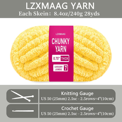 Buttercup Yellow Chunky Yarn, Chenille Yarn for Hand Knitting Blankets, Super Soft Jumbo Yarn for Crocheting, Bulky Yarn Pack, 8 Skeins