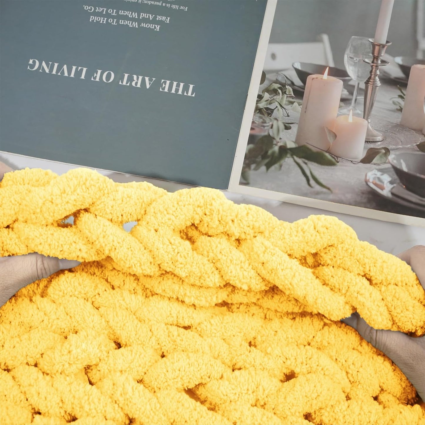 Buttercup Yellow Chunky Yarn, Chenille Yarn for Hand Knitting Blankets, Super Soft Jumbo Yarn for Crocheting, Bulky Yarn Pack, 8 Skeins