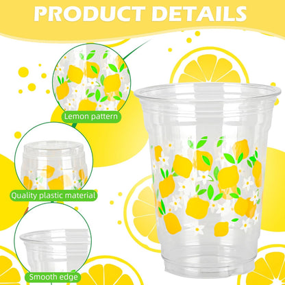 50 Pcs Lemon Plastic Cups Summer 12 oz Party Clear Cups | Disposable Party Cups for Tropical Luau Party Hawaiian Theme Birthday Wedding Bridal Baby Shower