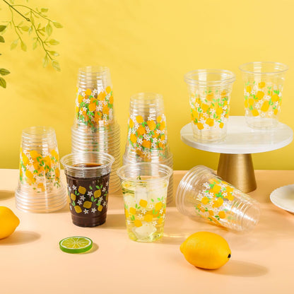 50 Pcs Lemon Plastic Cups Summer 12 oz Party Clear Cups | Disposable Party Cups for Tropical Luau Party Hawaiian Theme Birthday Wedding Bridal Baby Shower