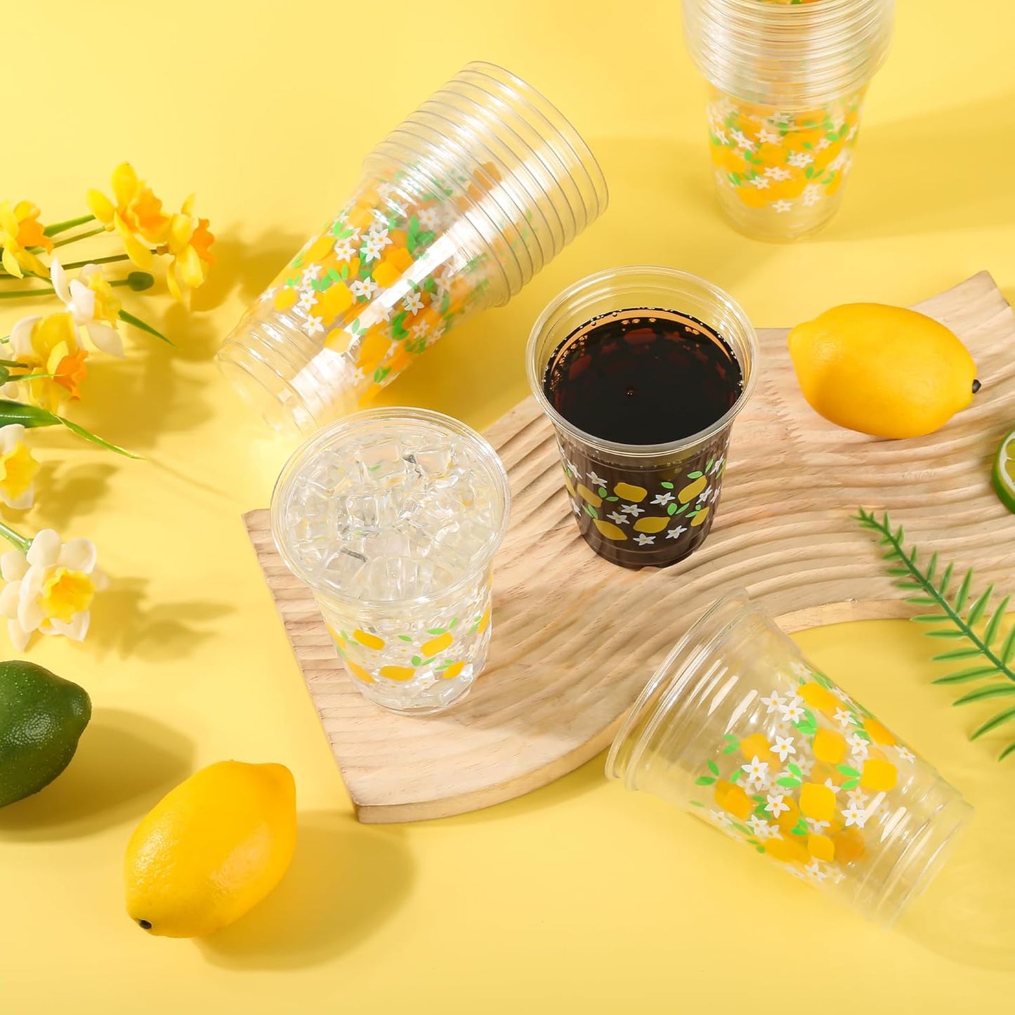 50 Pcs Lemon Plastic Cups Summer 12 oz Party Clear Cups | Disposable Party Cups for Tropical Luau Party Hawaiian Theme Birthday Wedding Bridal Baby Shower