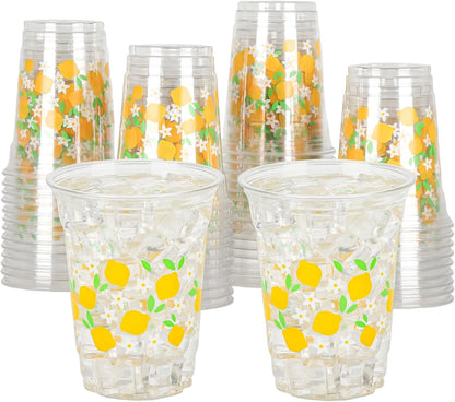 50 Pcs Lemon Plastic Cups Summer 12 oz Party Clear Cups | Disposable Party Cups for Tropical Luau Party Hawaiian Theme Birthday Wedding Bridal Baby Shower