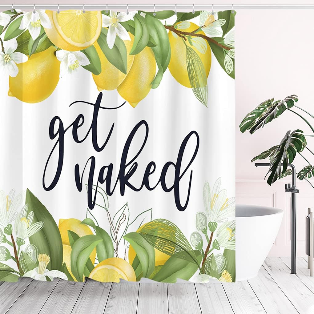 Cute Lemon Leaves Shower Curtain Sets, Get Naked Funny Quotes White Flowers Bathroom Decoration 72x72 Inch with Hooks