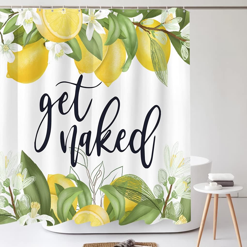 Cute Lemon Leaves Shower Curtain Sets, Get Naked Funny Quotes White Flowers Bathroom Decoration 72x72 Inch with Hooks