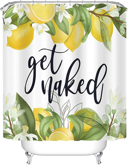 Cute Lemon Leaves Shower Curtain Sets, Get Naked Funny Quotes White Flowers Bathroom Decoration 72x72 Inch with Hooks