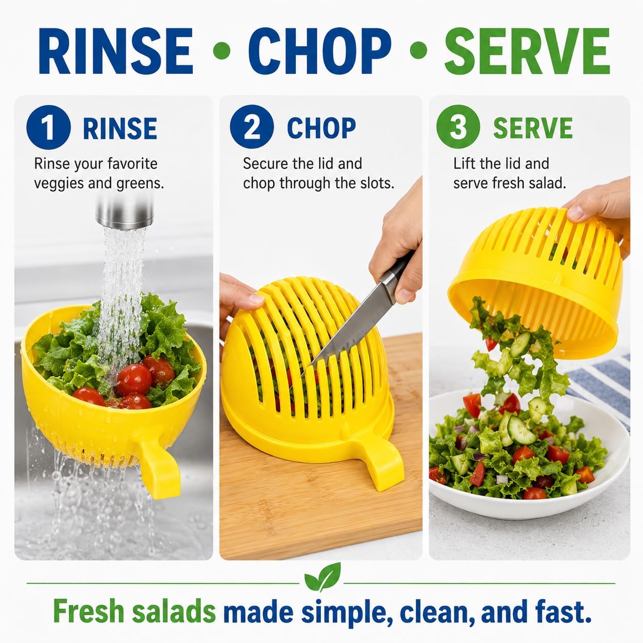 Salad Chopper Bowl with Slits, Fruit Vegetable Cutter, Yellow | BPA-free, dishwasher safe, meal prep, potlucks, picnics, camping, dorm kitchens, small households