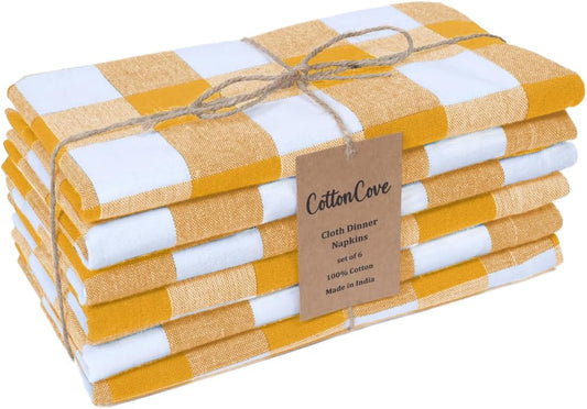 Cloth Dinner Napkins 100% Cotton Set of 6 - Soft Durable Washable - Ideal for Farmhouse Parties Wedding Christmas - Perfect Everyday Use Table Cloth Napkins Gingham Check 18x18 inch Yellow