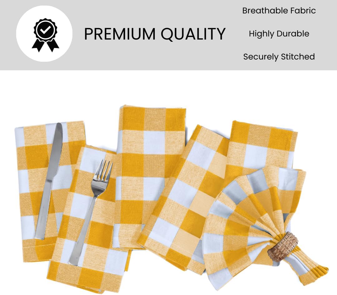 Cloth Dinner Napkins 100% Cotton Set of 6 - Soft Durable Washable - Ideal for Farmhouse Parties Wedding Christmas - Perfect Everyday Use Table Cloth Napkins Gingham Check 18x18 inch Yellow