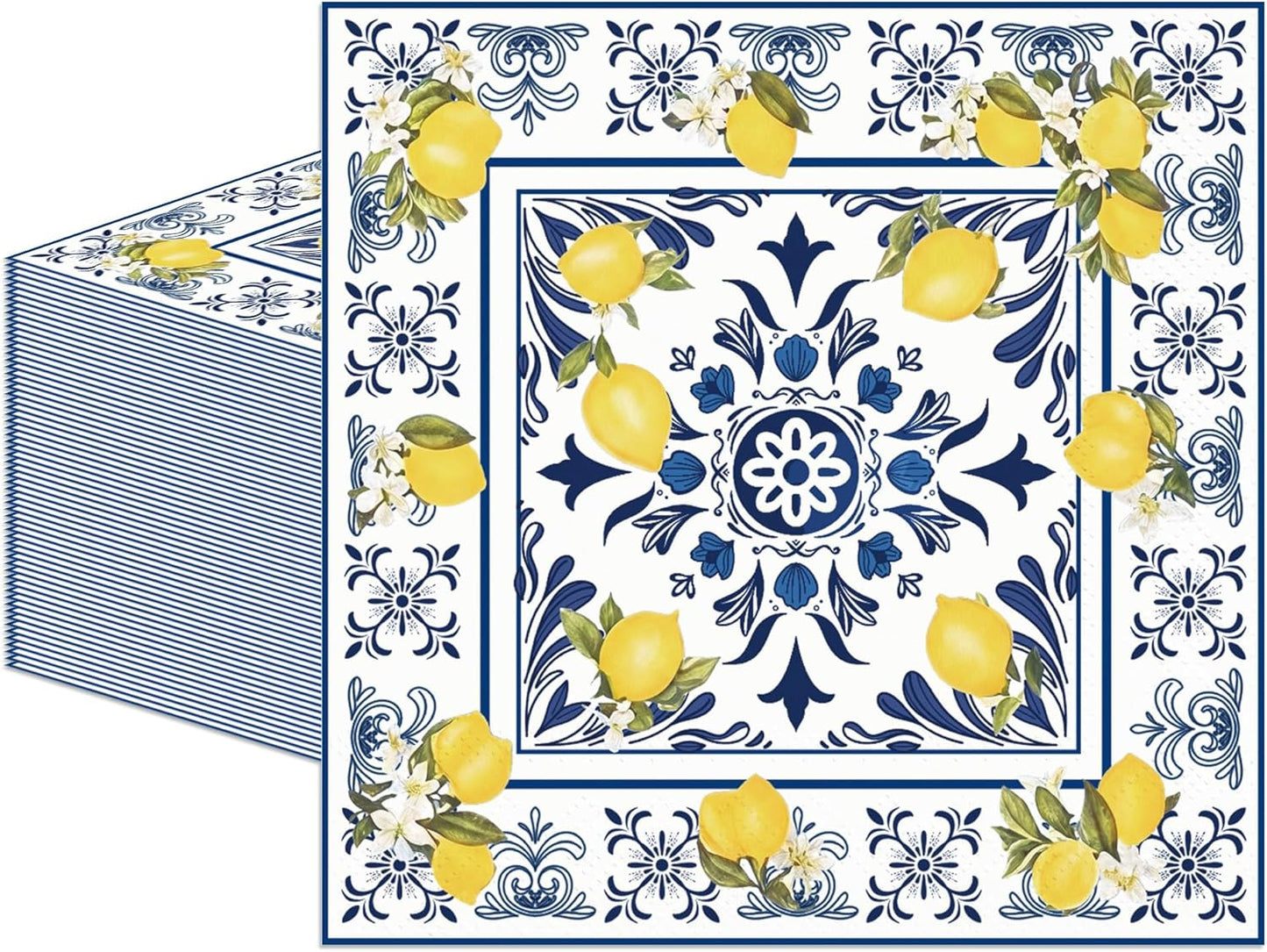 50PCS Tiles Lemons Napkins 13 x 13 Inches, Blue Yellow Citrus Decorative Paper Napkins Luncheon Dessert Cocktail Napkins Disposable for Spring Summer Picnic Wedding Birthday Decorations (Lemon)