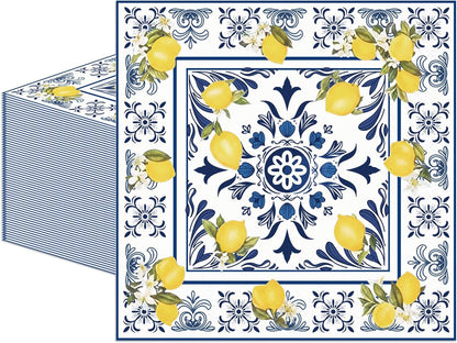 50PCS Tiles Lemons Napkins 13 x 13 Inches, Blue Yellow Citrus Decorative Paper Napkins Luncheon Dessert Cocktail Napkins Disposable for Spring Summer Picnic Wedding Birthday Decorations (Lemon)