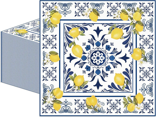 50PCS Tiles Lemons Napkins 13 x 13 Inches, Blue Yellow Citrus Decorative Paper Napkins Luncheon Dessert Cocktail Napkins Disposable for Spring Summer Picnic Wedding Birthday Decorations (Lemon)