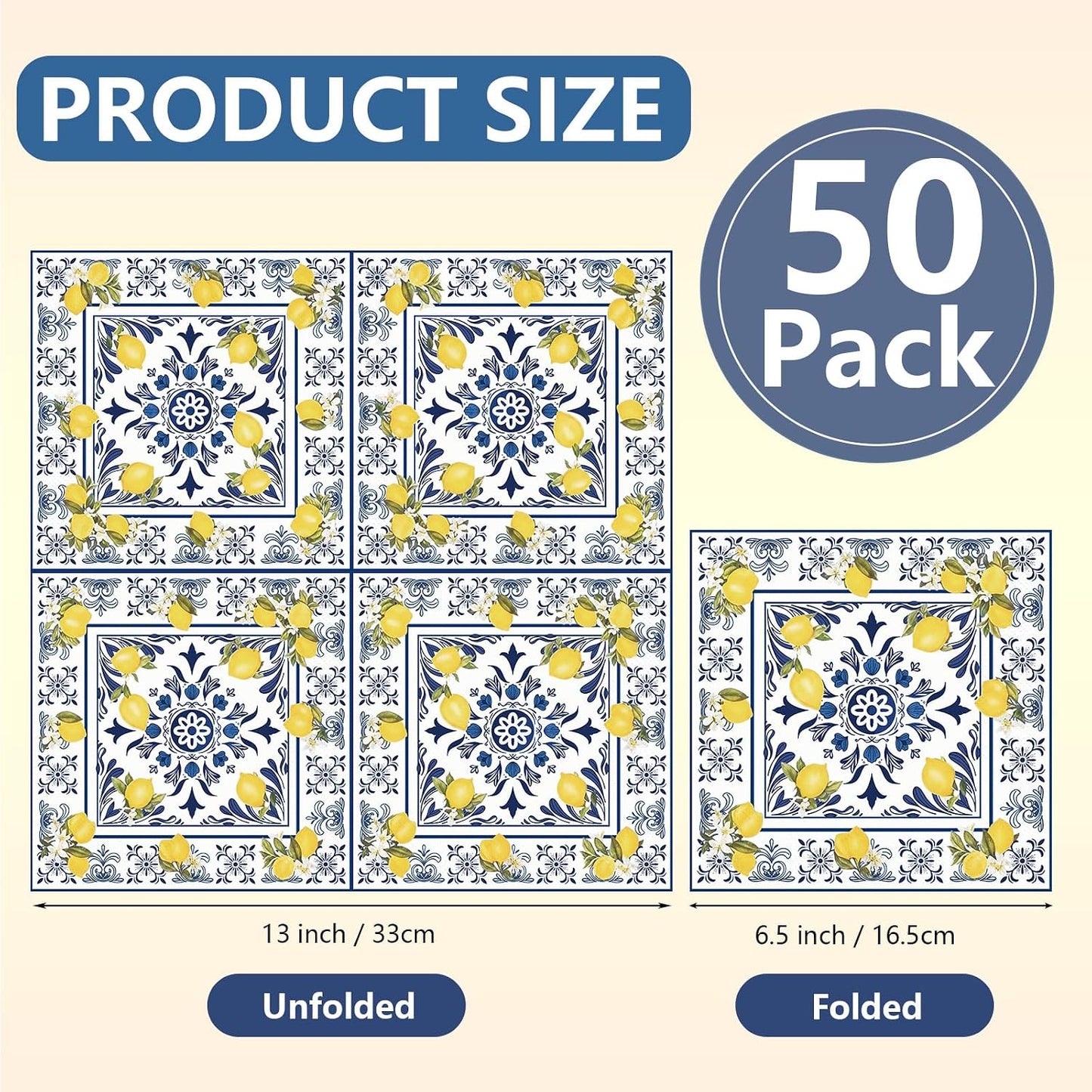 50PCS Tiles Lemons Napkins 13 x 13 Inches, Blue Yellow Citrus Decorative Paper Napkins Luncheon Dessert Cocktail Napkins Disposable for Spring Summer Picnic Wedding Birthday Decorations (Lemon)