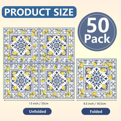 50PCS Tiles Lemons Napkins 13 x 13 Inches, Blue Yellow Citrus Decorative Paper Napkins Luncheon Dessert Cocktail Napkins Disposable for Spring Summer Picnic Wedding Birthday Decorations (Lemon)