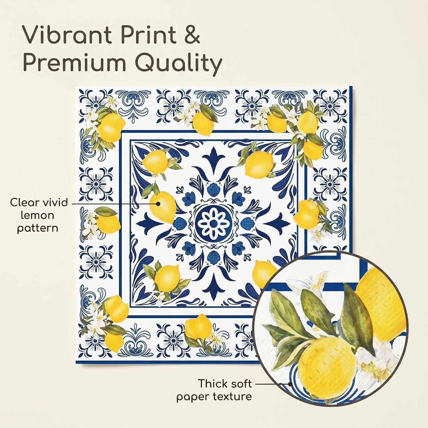 50PCS Tiles Lemons Napkins 13 x 13 Inches, Blue Yellow Citrus Decorative Paper Napkins Luncheon Dessert Cocktail Napkins Disposable for Spring Summer Picnic Wedding Birthday Decorations (Lemon)
