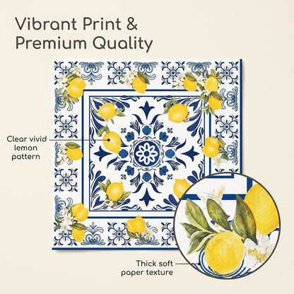 50PCS Tiles Lemons Napkins 13 x 13 Inches, Blue Yellow Citrus Decorative Paper Napkins Luncheon Dessert Cocktail Napkins Disposable for Spring Summer Picnic Wedding Birthday Decorations (Lemon)