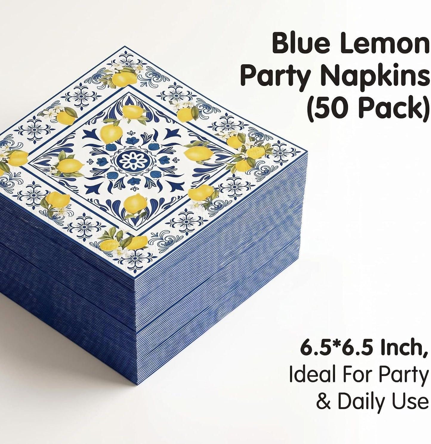 50PCS Tiles Lemons Napkins 13 x 13 Inches, Blue Yellow Citrus Decorative Paper Napkins Luncheon Dessert Cocktail Napkins Disposable for Spring Summer Picnic Wedding Birthday Decorations (Lemon)