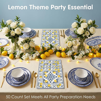 50PCS Tiles Lemons Napkins 13 x 13 Inches, Blue Yellow Citrus Decorative Paper Napkins Luncheon Dessert Cocktail Napkins Disposable for Spring Summer Picnic Wedding Birthday Decorations (Lemon)