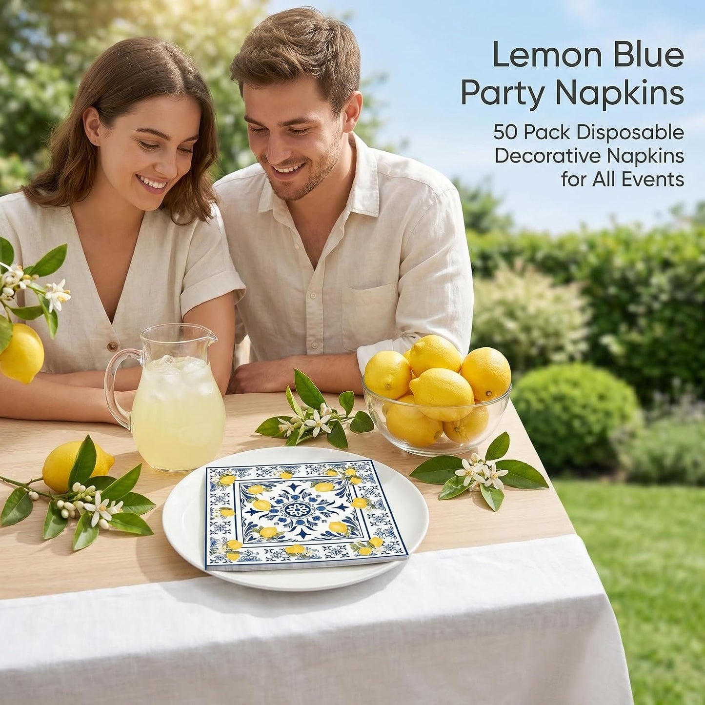 50PCS Tiles Lemons Napkins 13 x 13 Inches, Blue Yellow Citrus Decorative Paper Napkins Luncheon Dessert Cocktail Napkins Disposable for Spring Summer Picnic Wedding Birthday Decorations (Lemon)