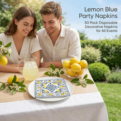 50PCS Tiles Lemons Napkins 13 x 13 Inches, Blue Yellow Citrus Decorative Paper Napkins Luncheon Dessert Cocktail Napkins Disposable for Spring Summer Picnic Wedding Birthday Decorations (Lemon)