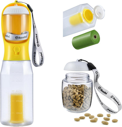 Dog Water Bottle with Food Container & Poop Bag Holder & Filter | Feeding & Hydration & Waste All in One | Travel Puppy Water Bowl | Portable Pet Dispenser | Dog Gifts | for Walking Beach
