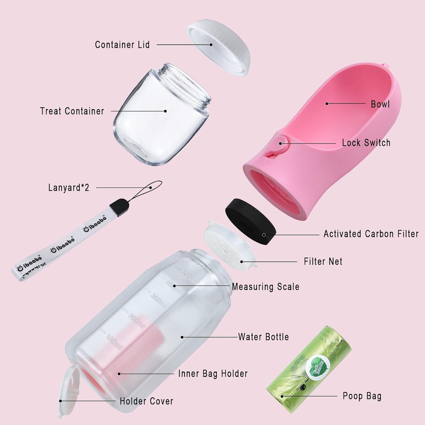 Dog Water Bottle with Food Container & Poop Bag Holder & Filter | Feeding & Hydration & Waste All in One | Travel Puppy Water Bowl | Portable Pet Dispenser | Dog Gifts | for Walking Beach