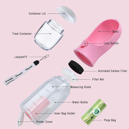 Dog Water Bottle with Food Container & Poop Bag Holder & Filter | Feeding & Hydration & Waste All in One | Travel Puppy Water Bowl | Portable Pet Dispenser | Dog Gifts | for Walking Beach