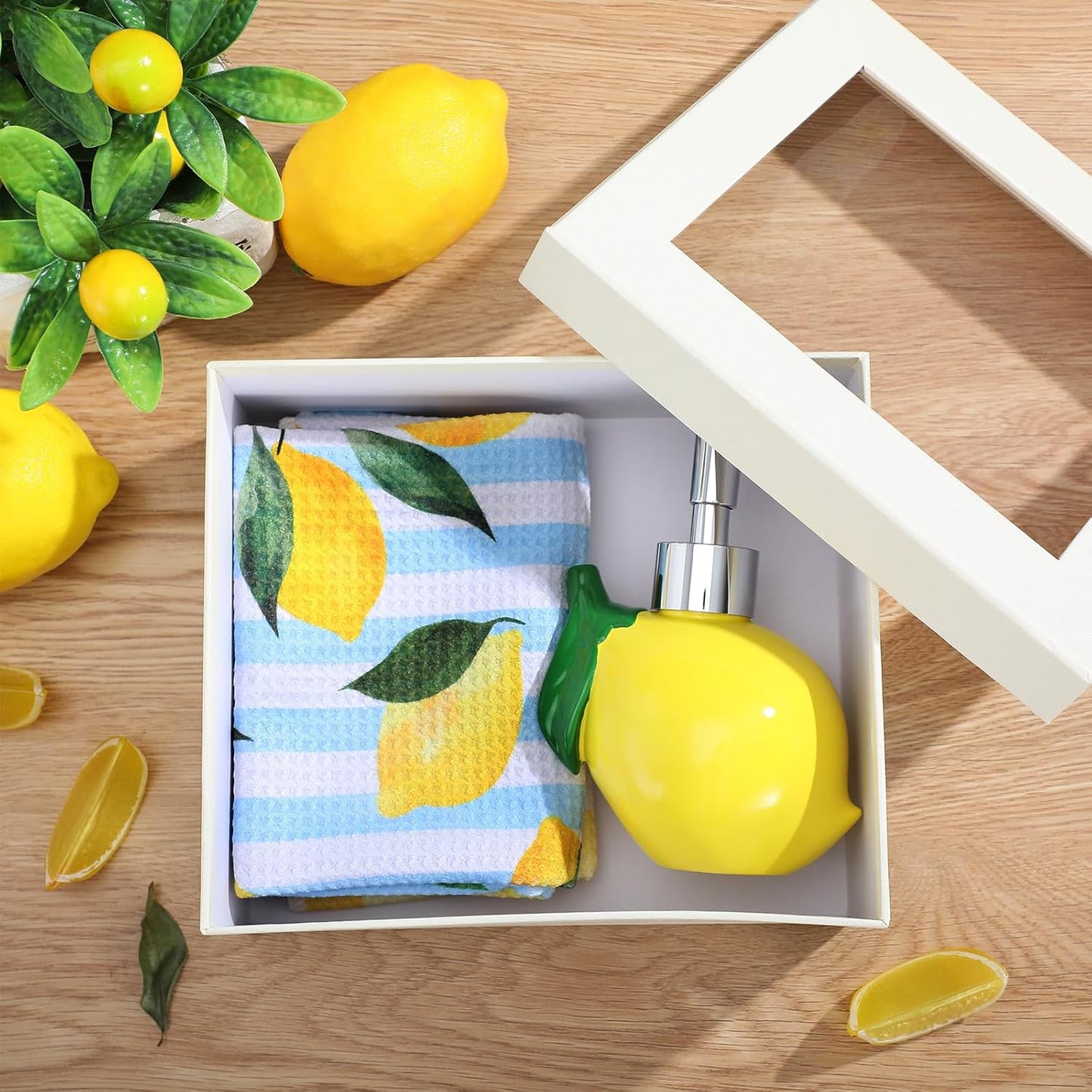 4 Pcs Lemon Soap Dispenser for Kitchen and Bathroom Lemon Lotion Dispenser with Kitchen Towels Box for Bathroom Summer Decor Gift