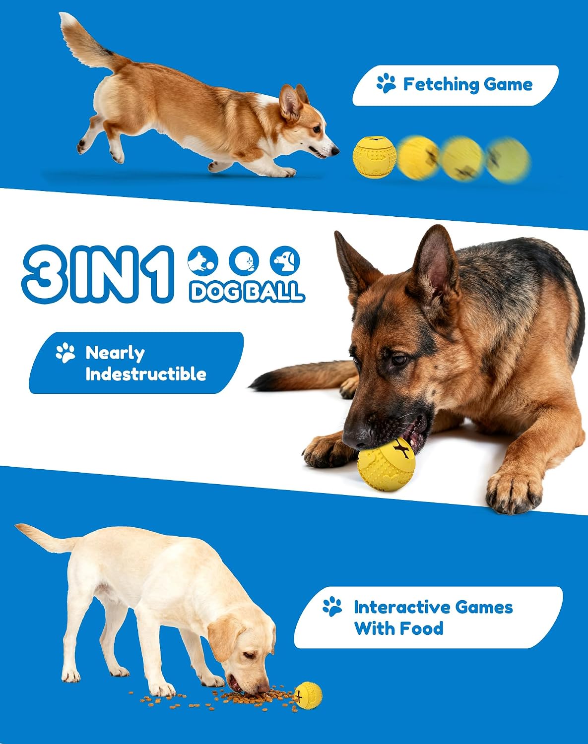 Rubber Dog Chew Toy Ball, Puzzle Feeder Pet Toy -3'' Yellow | Teething Puzzle Feeder Ball, Treat Dispenser Chew Toy, Rolling Rubber Dog Fetch Toy, Interactive Dental Care & Enrichment