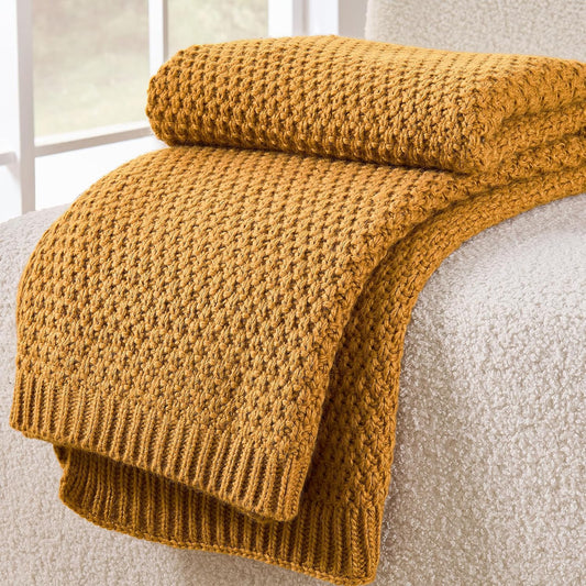 Gold Yellow Throw Blanket 50x60 Inches for Couch Bed | Soft Cozy Lightweight Moss Stitch Knit, Warm and Breathable, Decorative and Reversible Textured Knit Throw