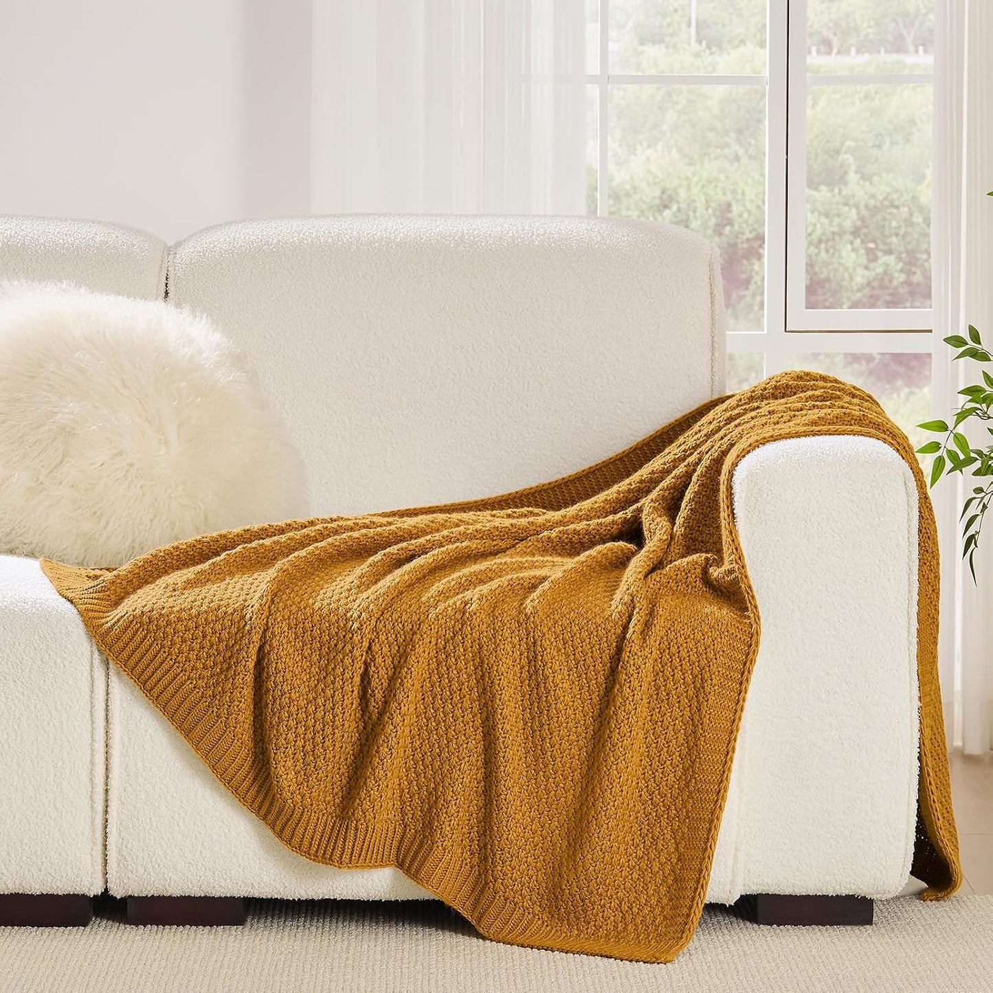 Gold Yellow Throw Blanket 50x60 Inches for Couch Bed | Soft Cozy Lightweight Moss Stitch Knit, Warm and Breathable, Decorative and Reversible Textured Knit Throw