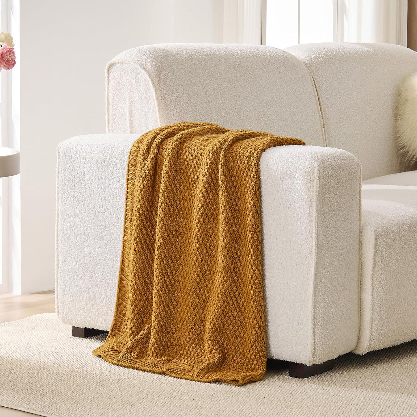 Gold Yellow Throw Blanket 50x60 Inches for Couch Bed | Soft Cozy Lightweight Moss Stitch Knit, Warm and Breathable, Decorative and Reversible Textured Knit Throw