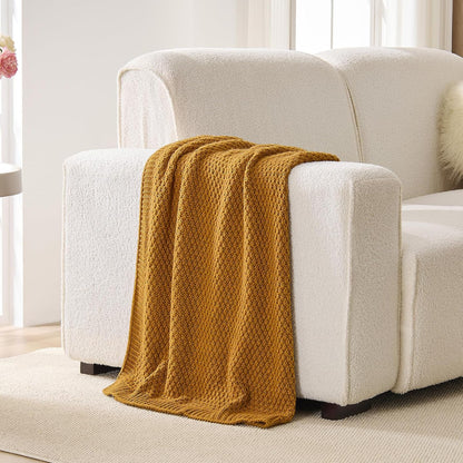 Gold Yellow Throw Blanket 50x60 Inches for Couch Bed | Soft Cozy Lightweight Moss Stitch Knit, Warm and Breathable, Decorative and Reversible Textured Knit Throw