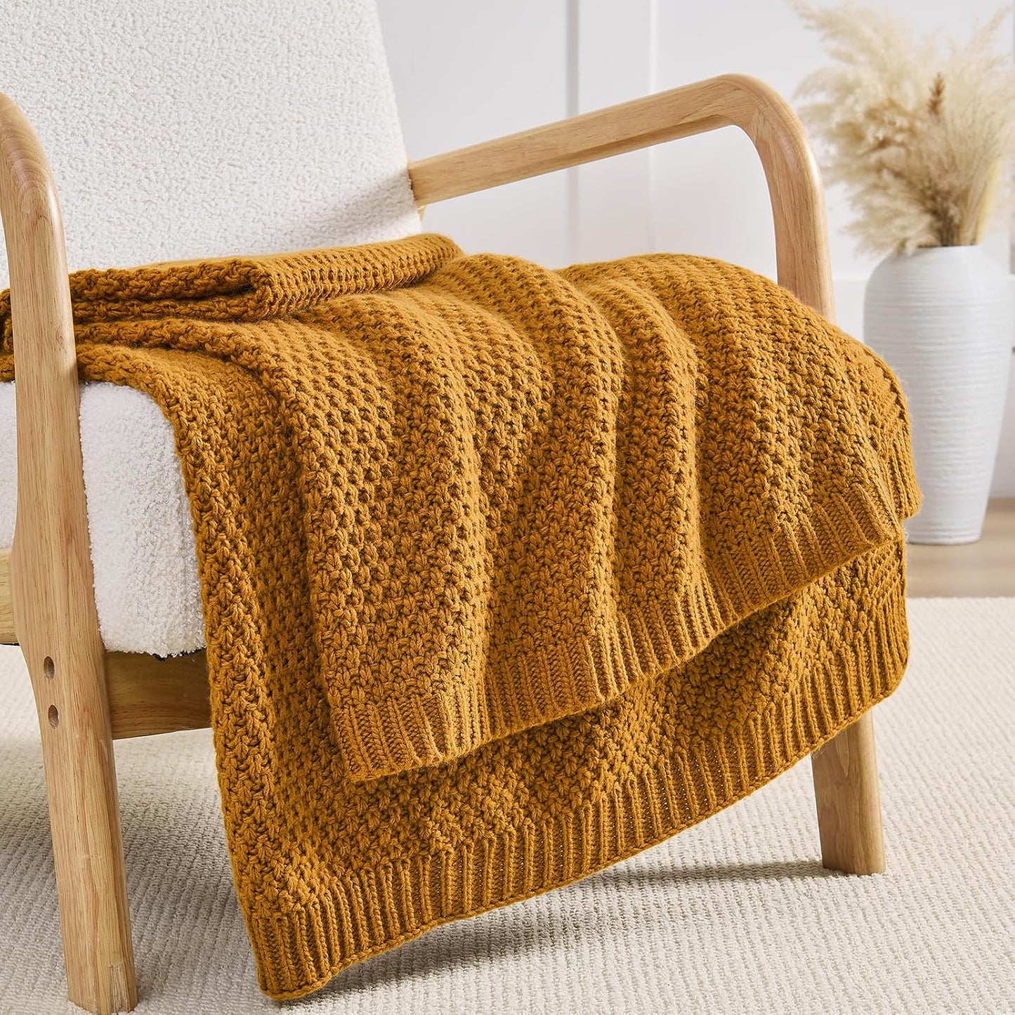 Gold Yellow Throw Blanket 50x60 Inches for Couch Bed | Soft Cozy Lightweight Moss Stitch Knit, Warm and Breathable, Decorative and Reversible Textured Knit Throw